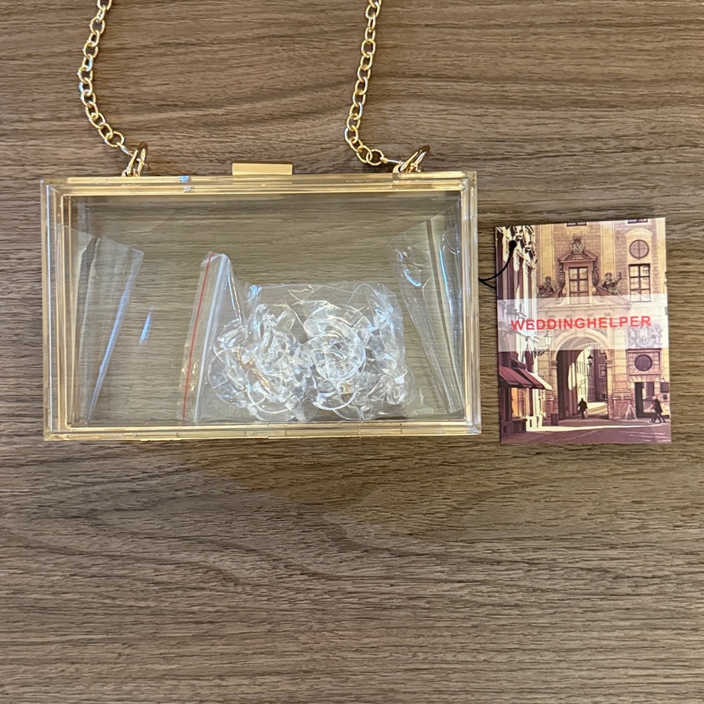 NEW Wedding helper lucite Transparent Gold Chain Clutch or crossbody